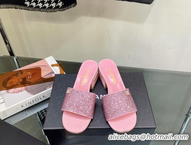 Best Grade Chanel Crystals Heel Slide Sandals with Pearls 5cm Pink 328085