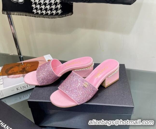 Best Grade Chanel Crystals Heel Slide Sandals with Pearls 5cm Pink 328085