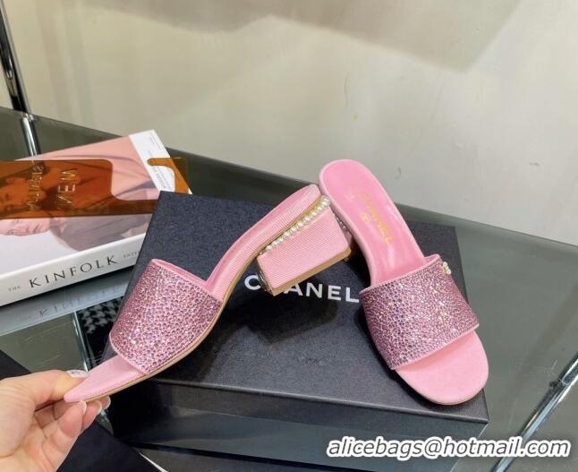 Best Grade Chanel Crystals Heel Slide Sandals with Pearls 5cm Pink 328085