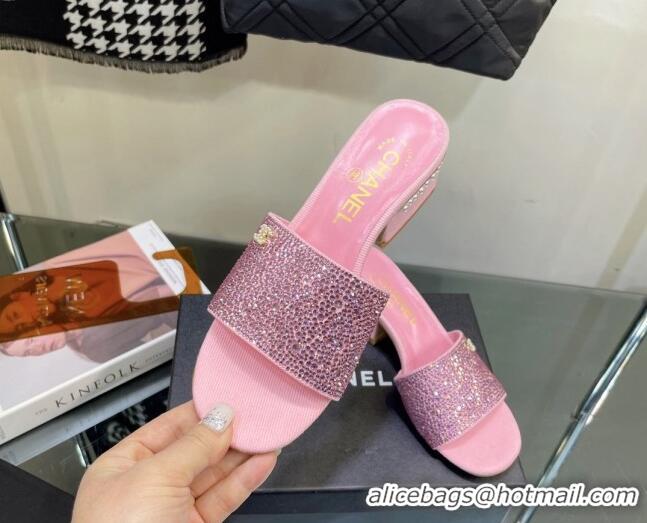 Best Grade Chanel Crystals Heel Slide Sandals with Pearls 5cm Pink 328085