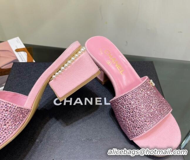 Best Grade Chanel Crystals Heel Slide Sandals with Pearls 5cm Pink 328085