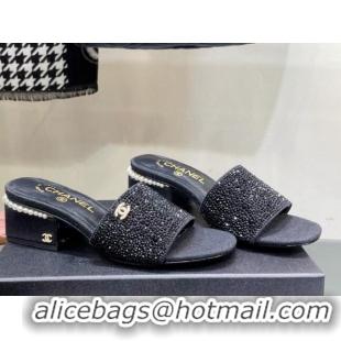 Popular Style Chanel Crystals Heel Slide Sandals with Pearls 5cm Black 328086