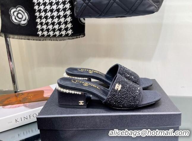 Popular Style Chanel Crystals Heel Slide Sandals with Pearls 5cm Black 328086