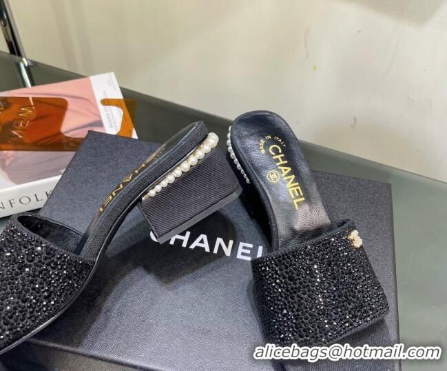 Popular Style Chanel Crystals Heel Slide Sandals with Pearls 5cm Black 328086