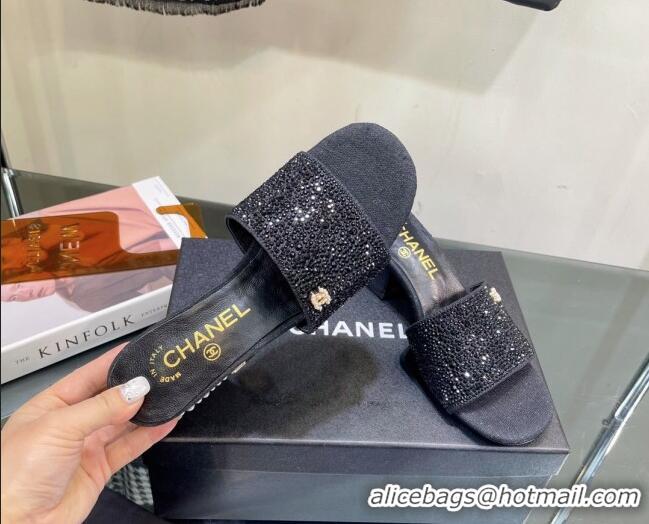 Popular Style Chanel Crystals Heel Slide Sandals with Pearls 5cm Black 328086