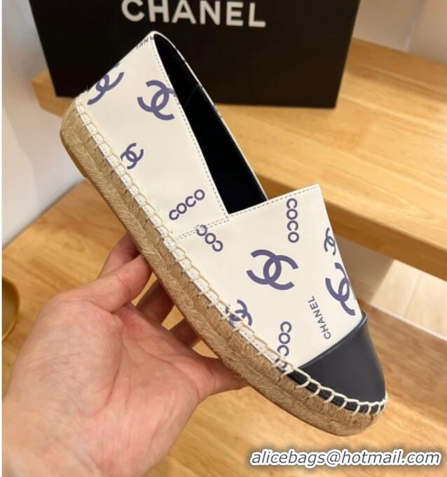 Good Product Chanel Printed Leather Espadrilles White/Blue/Black 328087