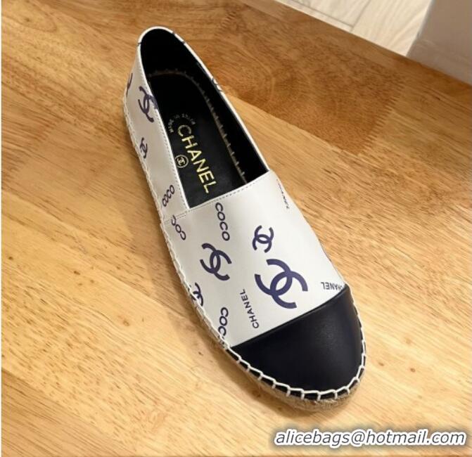 Good Product Chanel Printed Leather Espadrilles White/Blue/Black 328087