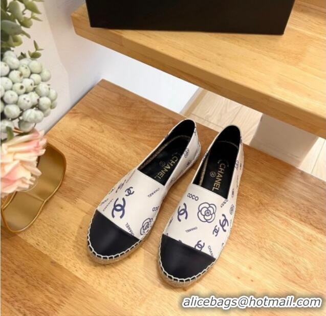 Good Product Chanel Printed Leather Espadrilles White/Blue/Black 328087