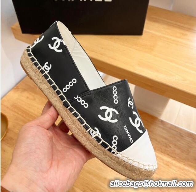 Discount Chanel Printed Leather Espadrilles Black/White 328088