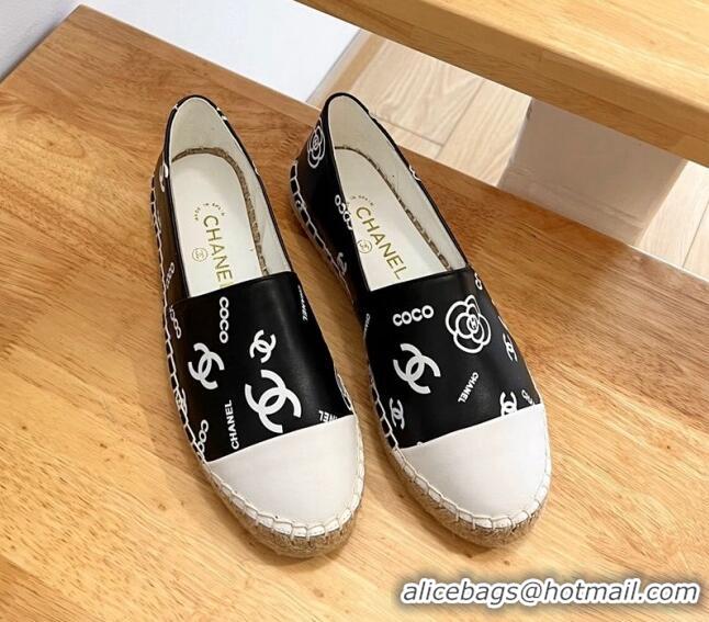 Discount Chanel Printed Leather Espadrilles Black/White 328088