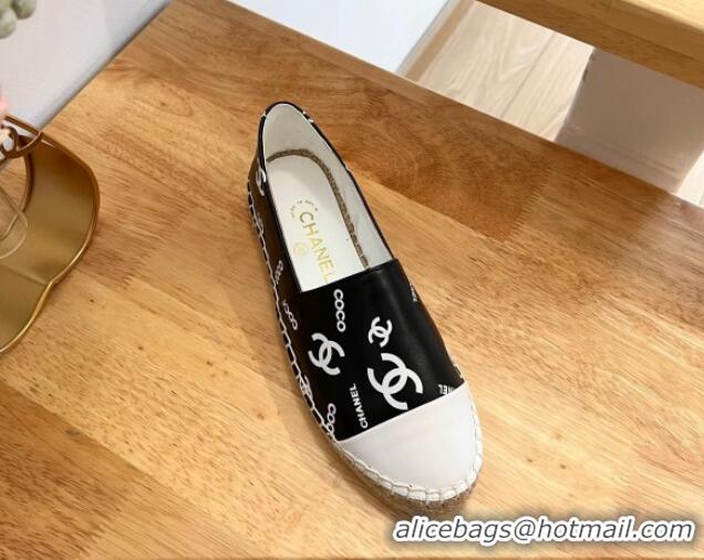 Discount Chanel Printed Leather Espadrilles Black/White 328088