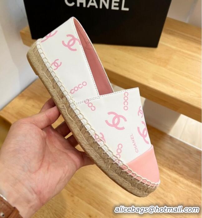 Luxury Discount Chanel Printed Leather Espadrilles White/Pink 328089