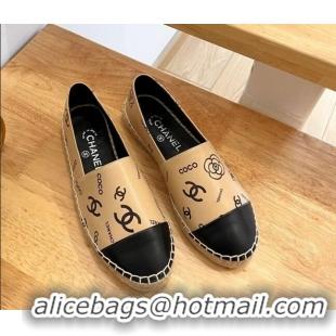 Luxury Chanel Printed Leather Espadrilles Beige/Black 328090