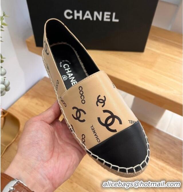 Luxury Chanel Printed Leather Espadrilles Beige/Black 328090