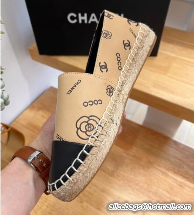 Luxury Chanel Printed Leather Espadrilles Beige/Black 328090