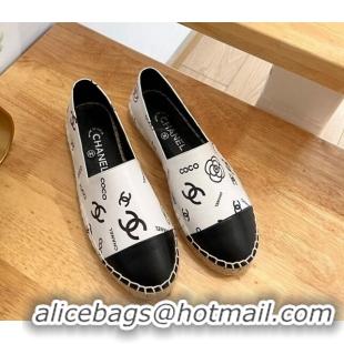 Sophisticated Chanel Printed Leather Espadrilles White/Black 328091