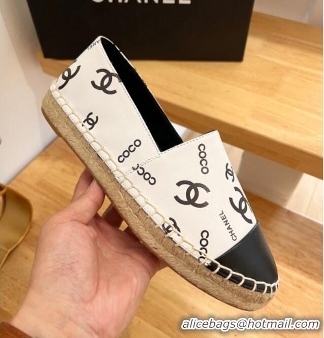 Sophisticated Chanel Printed Leather Espadrilles White/Black 328091