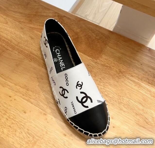 Sophisticated Chanel Printed Leather Espadrilles White/Black 328091