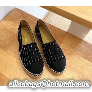 Good Quality Chanel Cotton Tweed Espadrilles with Stripes Black 328093