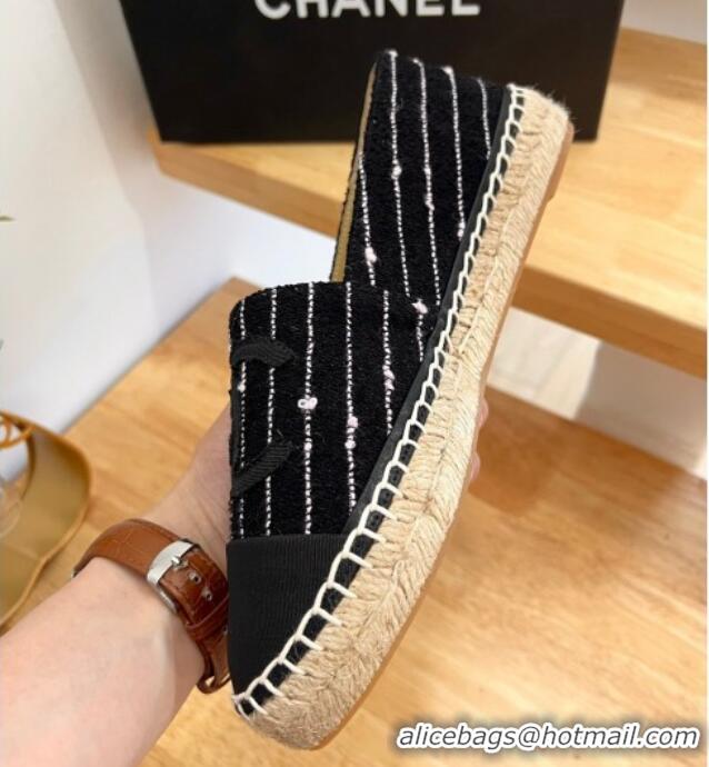 Good Quality Chanel Cotton Tweed Espadrilles with Stripes Black 328093