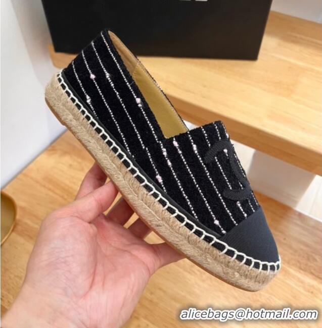 Good Quality Chanel Cotton Tweed Espadrilles with Stripes Black 328093