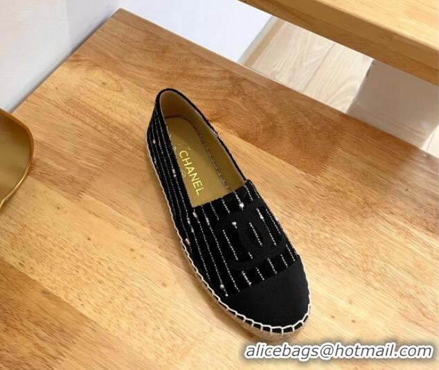 Good Quality Chanel Cotton Tweed Espadrilles with Stripes Black 328093