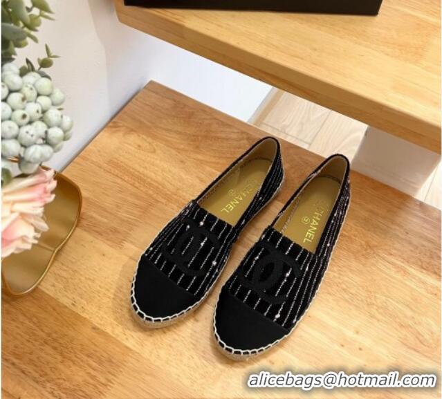 Good Quality Chanel Cotton Tweed Espadrilles with Stripes Black 328093