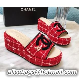 Perfect Chanel Tweed Platform Slide Sandals Red 328114