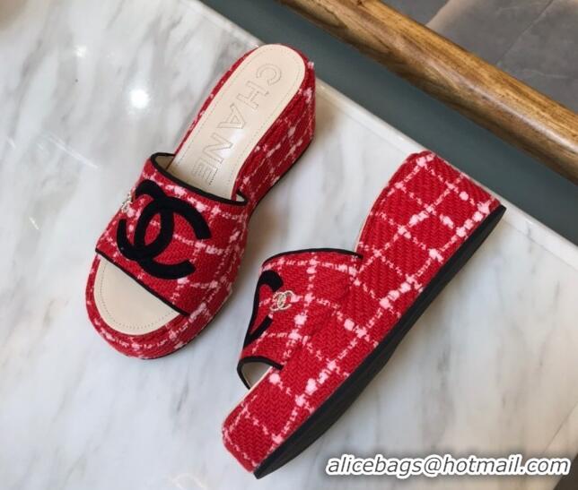 Perfect Chanel Tweed Platform Slide Sandals Red 328114