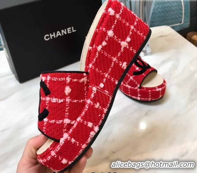 Perfect Chanel Tweed Platform Slide Sandals Red 328114