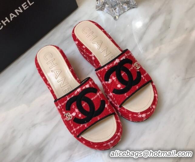 Perfect Chanel Tweed Platform Slide Sandals Red 328114