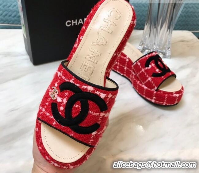 Perfect Chanel Tweed Platform Slide Sandals Red 328114