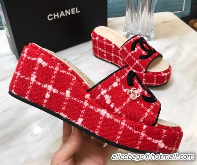 Perfect Chanel Tweed Platform Slide Sandals Red 328114