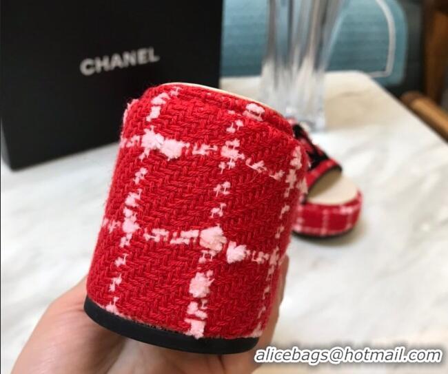 Perfect Chanel Tweed Platform Slide Sandals Red 328114