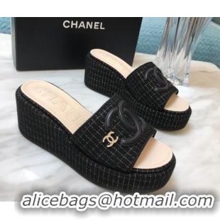 Duplicate Chanel Tweed Platform Slide Sandals Black 328115