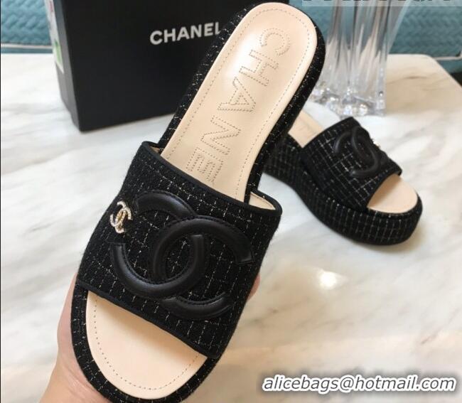 Duplicate Chanel Tweed Platform Slide Sandals Black 328115