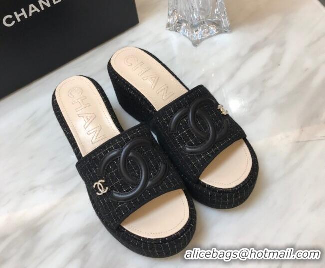 Duplicate Chanel Tweed Platform Slide Sandals Black 328115