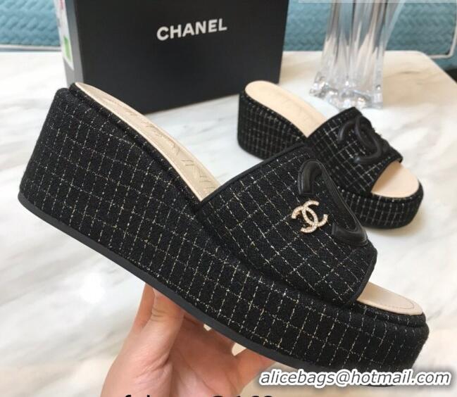 Duplicate Chanel Tweed Platform Slide Sandals Black 328115