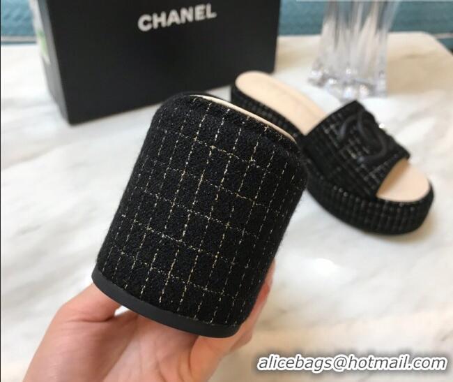 Duplicate Chanel Tweed Platform Slide Sandals Black 328115