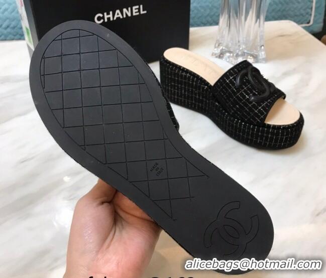 Duplicate Chanel Tweed Platform Slide Sandals Black 328115