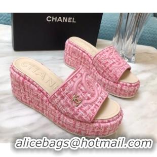 Luxury Chanel Tweed Platform Slide Sandals Light Pink 328117