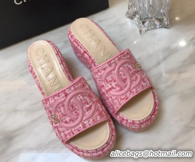 Luxury Chanel Tweed Platform Slide Sandals Light Pink 328117