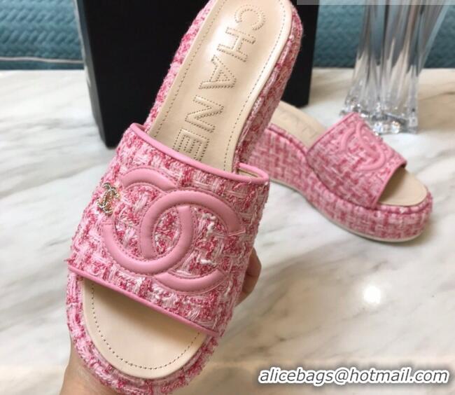 Luxury Chanel Tweed Platform Slide Sandals Light Pink 328117