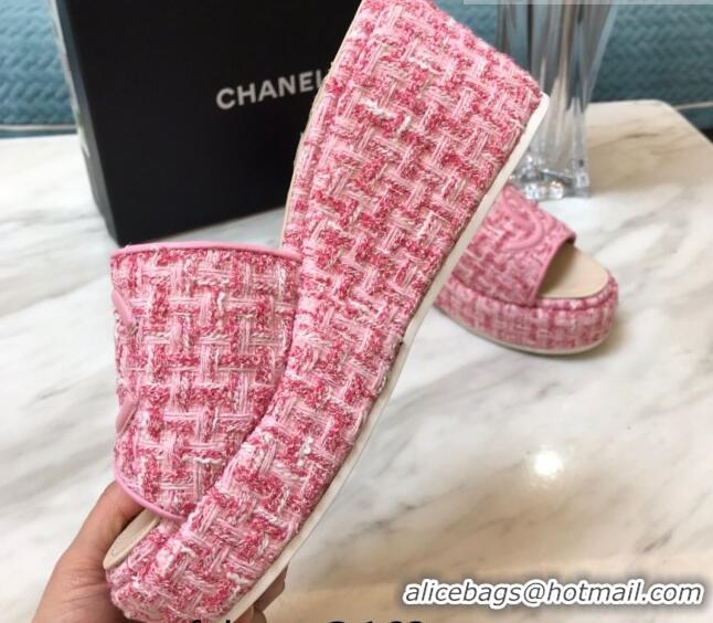 Luxury Chanel Tweed Platform Slide Sandals Light Pink 328117