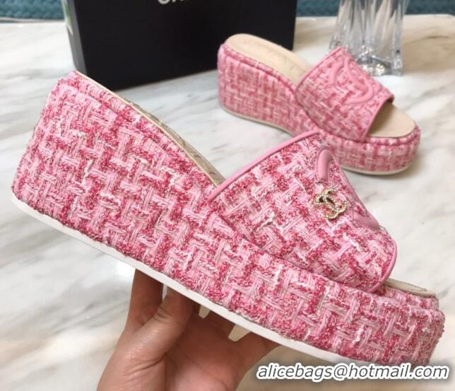 Luxury Chanel Tweed Platform Slide Sandals Light Pink 328117