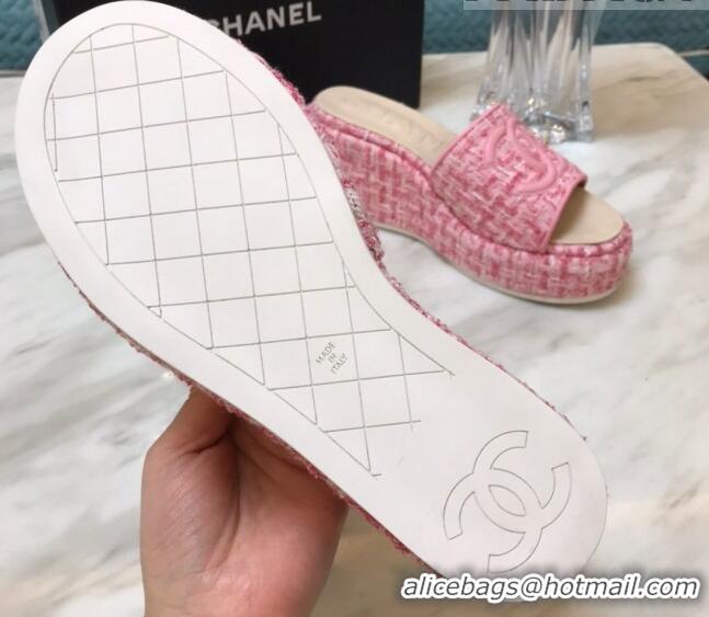 Luxury Chanel Tweed Platform Slide Sandals Light Pink 328117