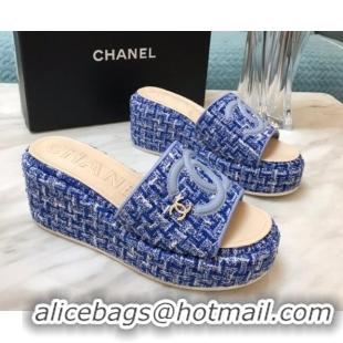 Grade Quality Chanel Tweed Platform Slide Sandals Blue 328118