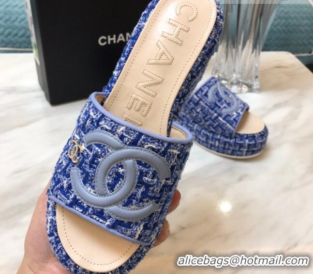 Grade Quality Chanel Tweed Platform Slide Sandals Blue 328118