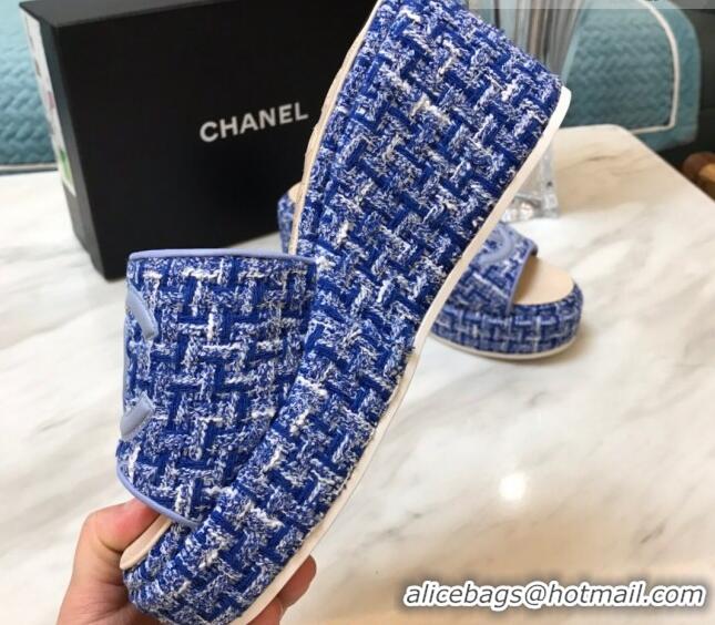 Grade Quality Chanel Tweed Platform Slide Sandals Blue 328118