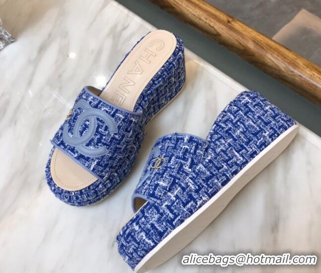 Grade Quality Chanel Tweed Platform Slide Sandals Blue 328118